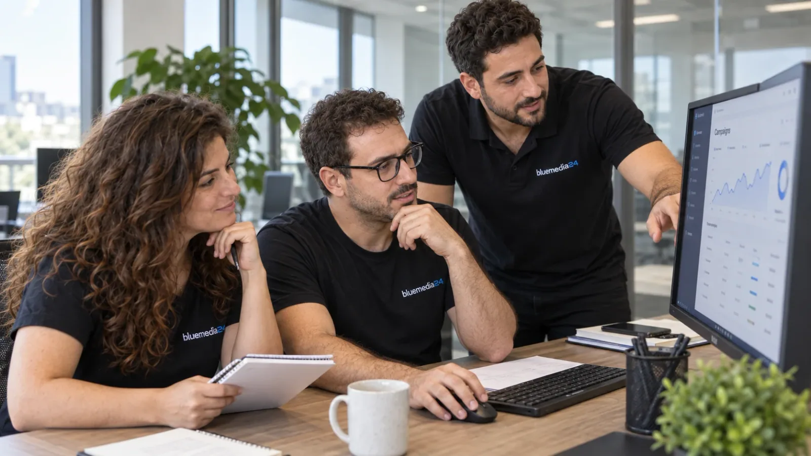 AI-generated Bluemedia24 team reviewing campaign charts together at an office workstation.